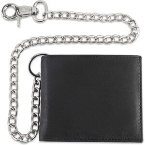 Mens bi-fold Style Cowhide Leather Steel Chain Wallet